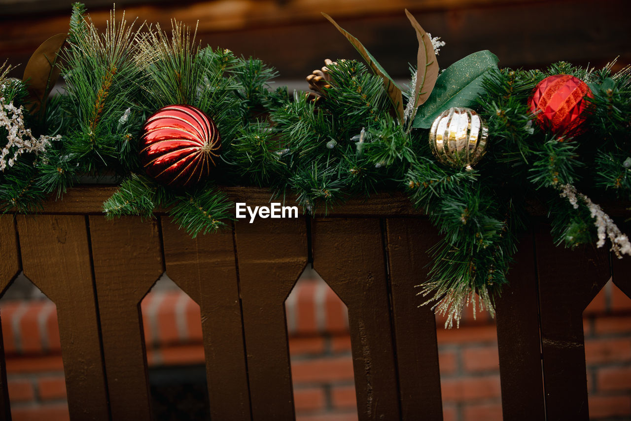 Christmas backgrounds - green christmas tree branhes, rd and gold ornaments, string lights.