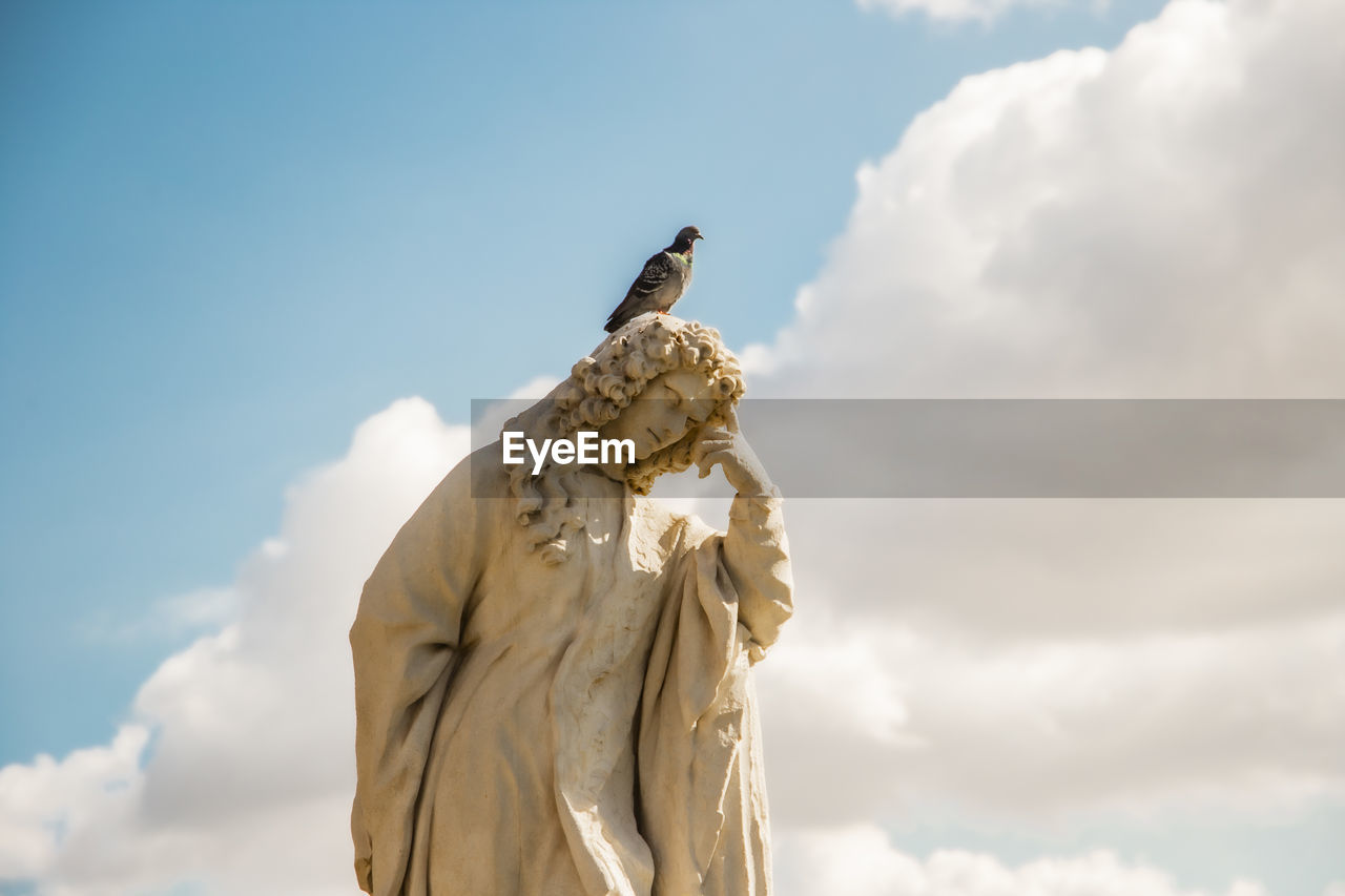 Low angle view of statue against sky with pidgeon on head