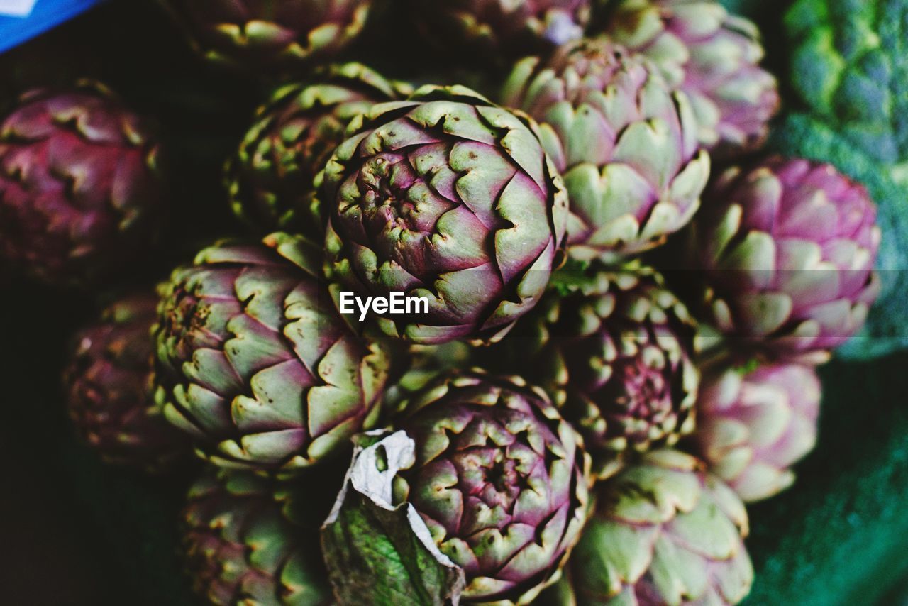 Close-up of artichokes in container