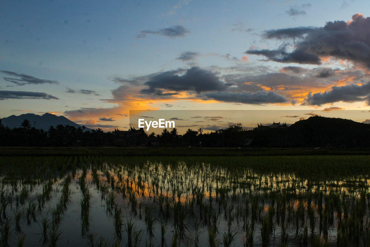 Scenic view of lake against sky during sunset