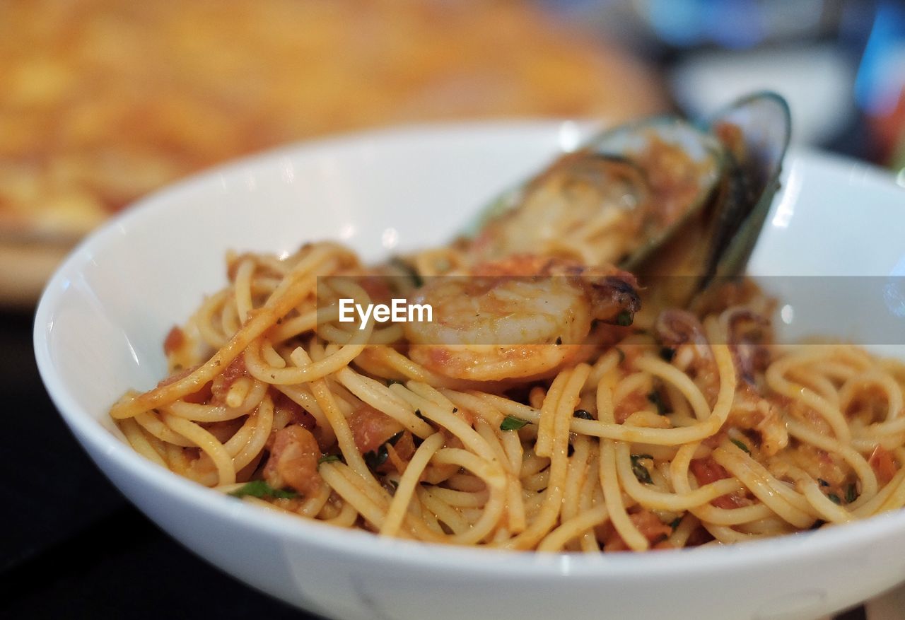 Close-up of spaghetti in bowl