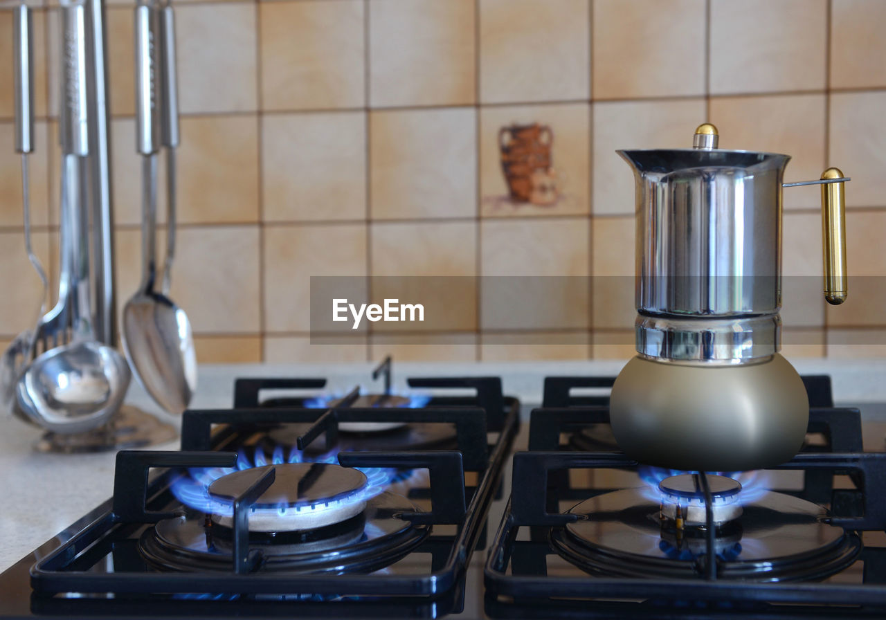 Burning gas, gas stove burner, hob in the kitchen