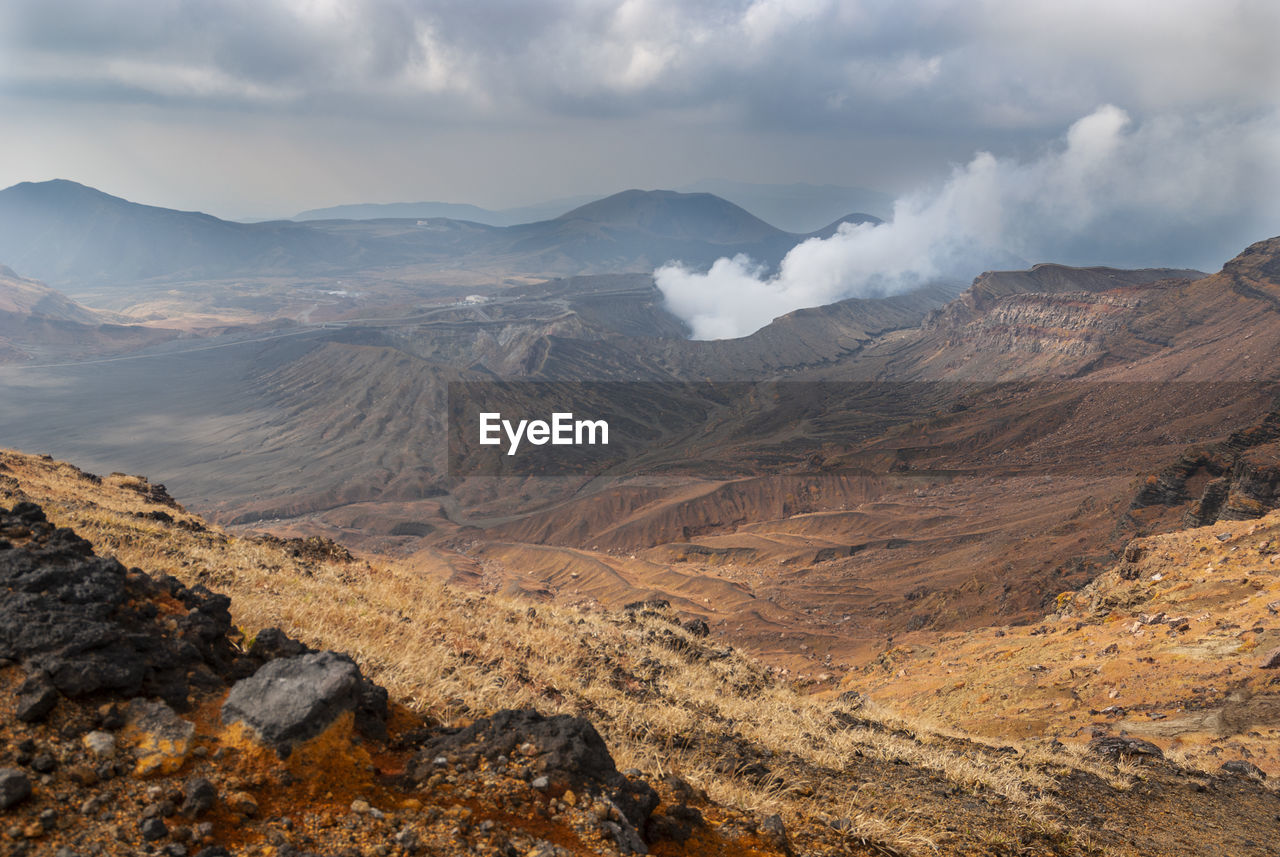 Scenic view of landscape and mountains against sky