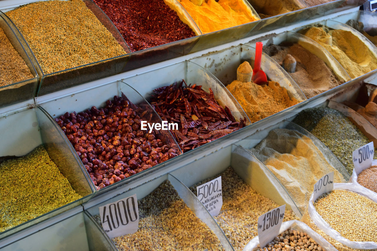 High angle view of food for sale at market stall