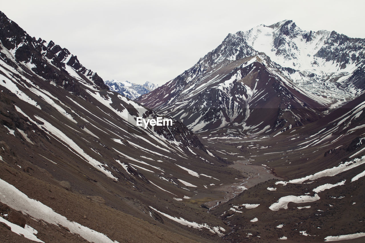 High angle view of snowcapped mountains against sky