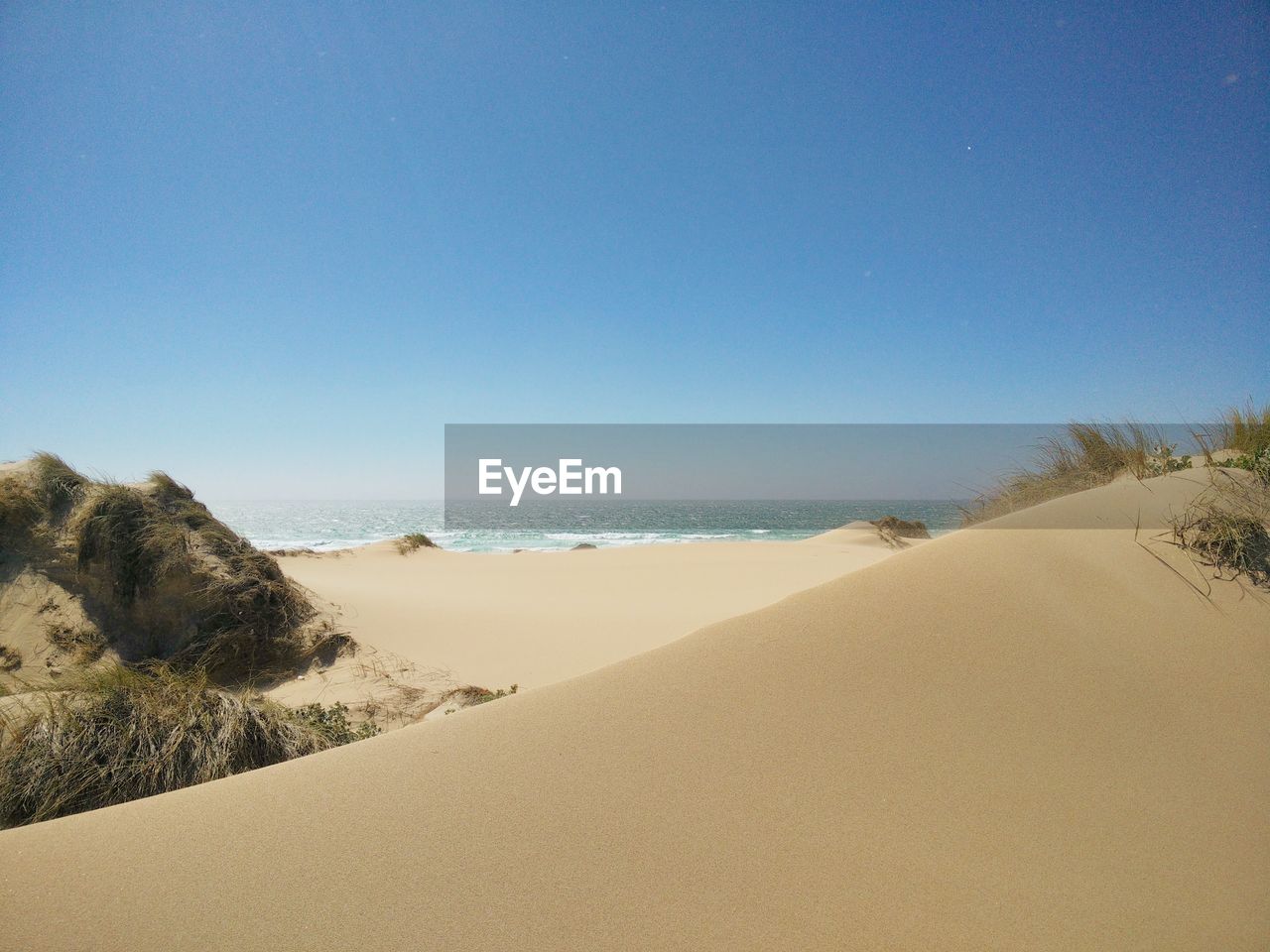 Scenic view of beach against clear blue sky