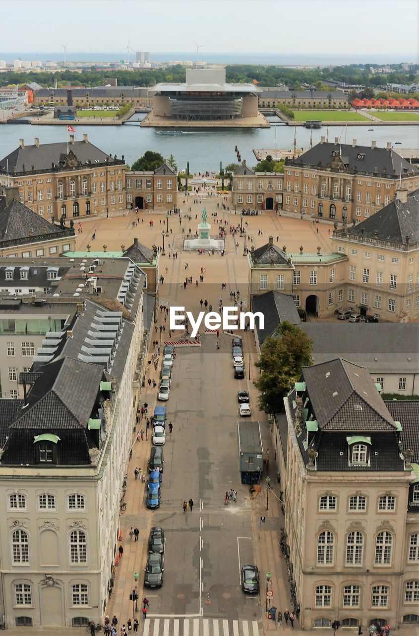 High angle view of copenhagen street amidst buildings in city