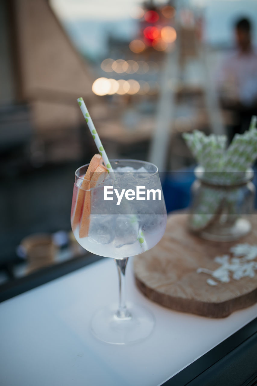 High angle view of cocktail in glass on table at restaurant