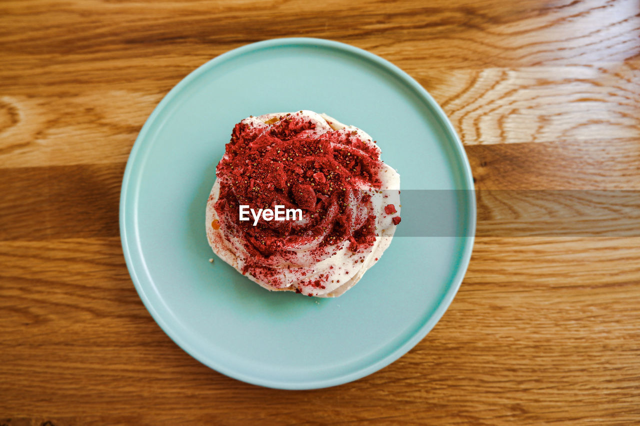 food and drink, food, raspberry, wood, freshness, dessert, table, produce, plate, indoors, sweet food, directly above, fruit, plant, sweet, no people, breakfast, icing, dish, high angle view, still life, berry, strawberry, healthy eating, ice cream, red