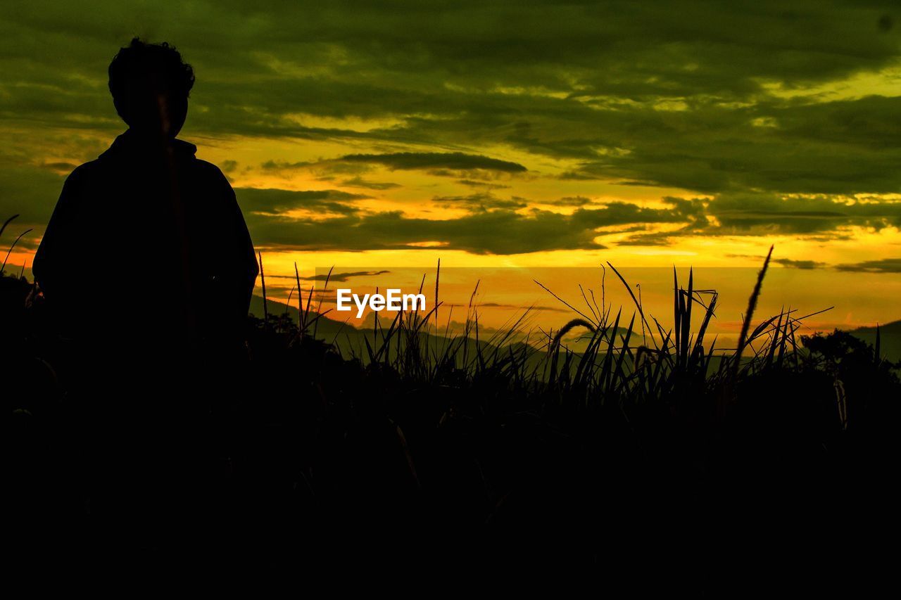 SILHOUETTE MAN ON FIELD DURING SUNSET