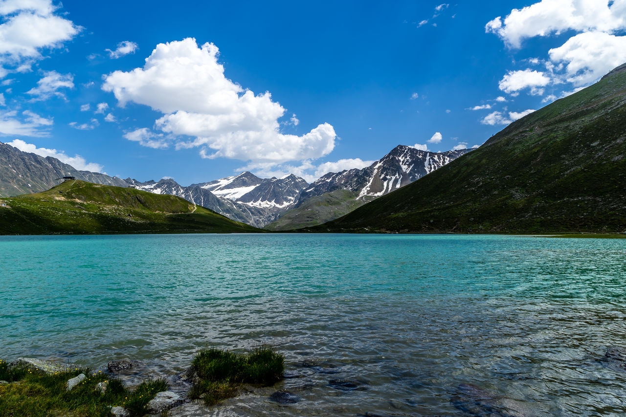 Scenic view of lake by mountains against sky