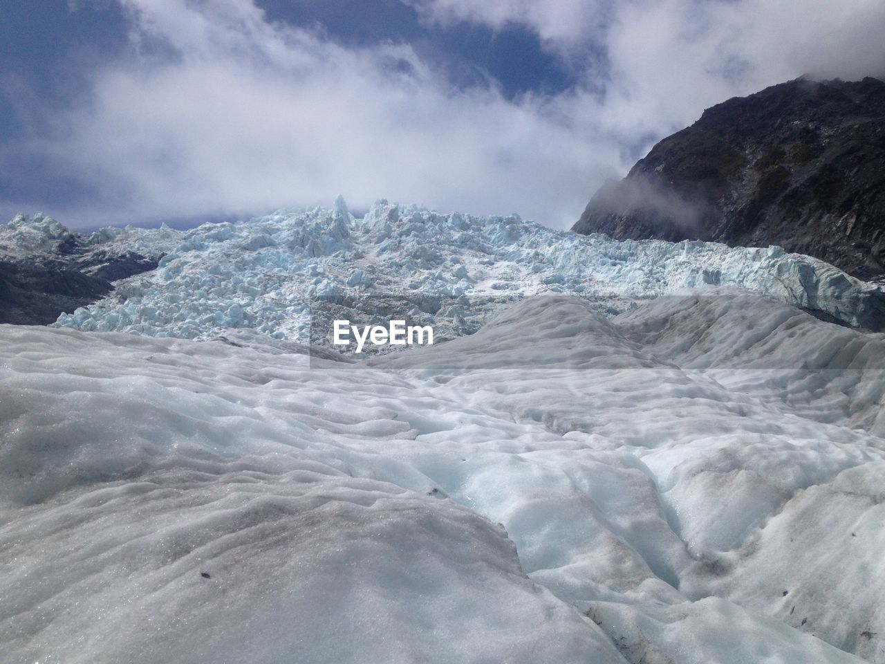 Close-up of snow covered mountain against sky