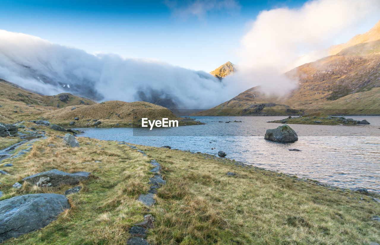 SCENIC VIEW OF SEA AND ROCKY MOUNTAINS AGAINST SKY