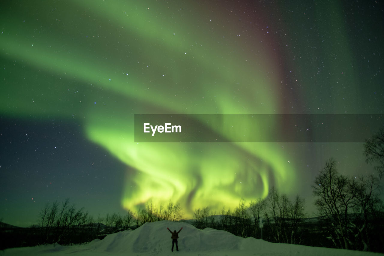 Scenic view of landscape and aurora borealis against sky at night