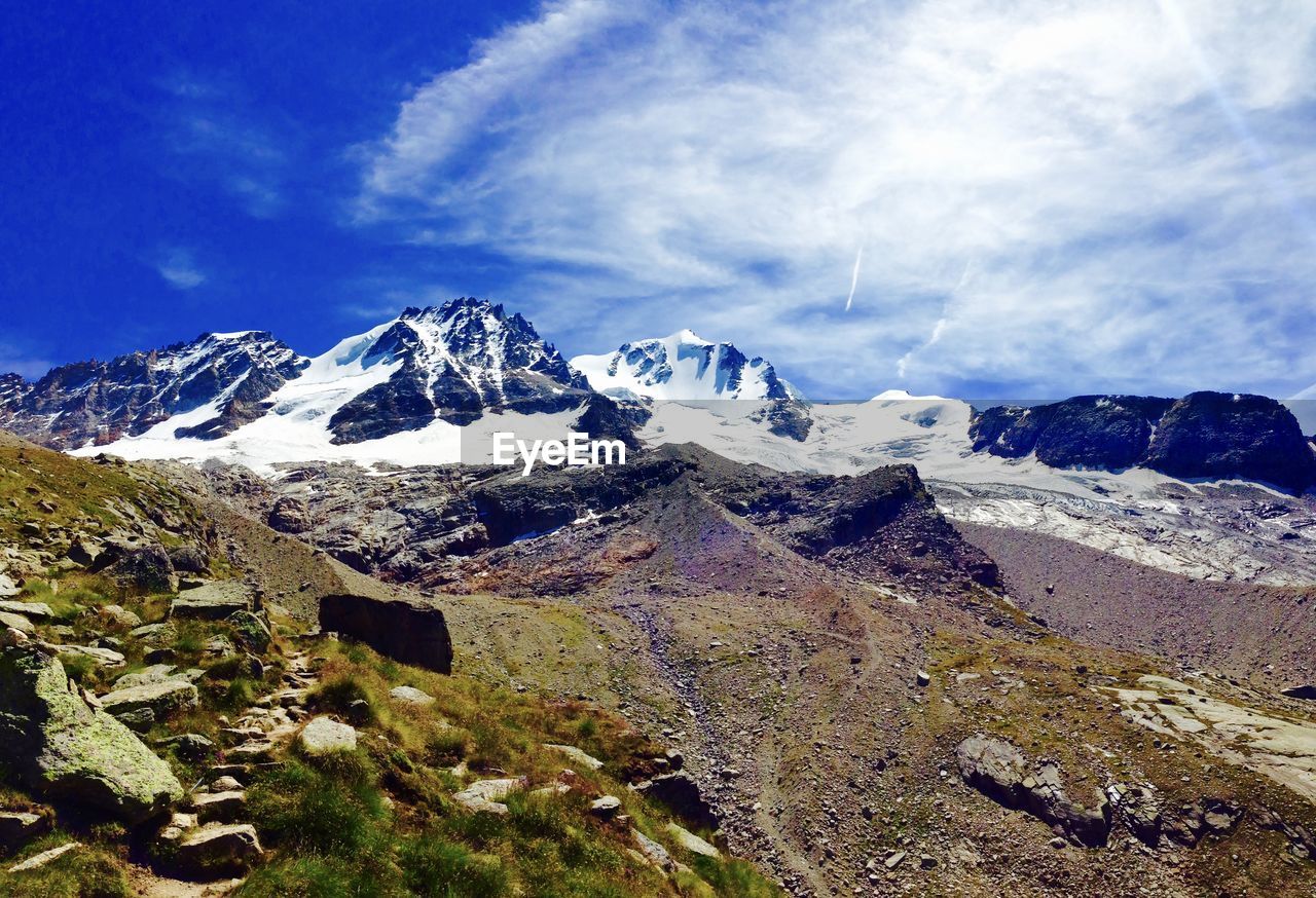 Scenic view of snow covered mountains against sky