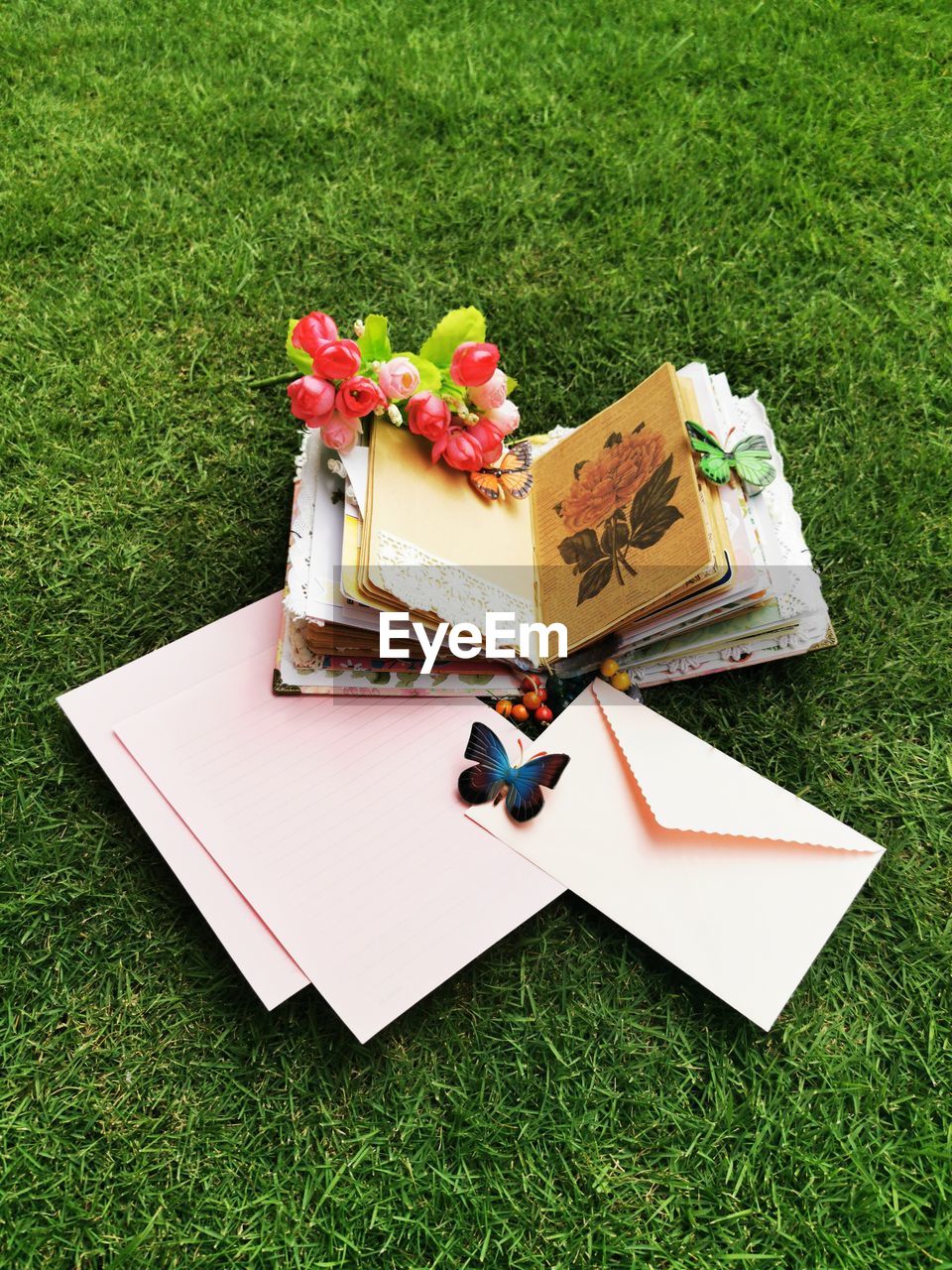 Portrait of a book, envelopes and decorations on the grass 