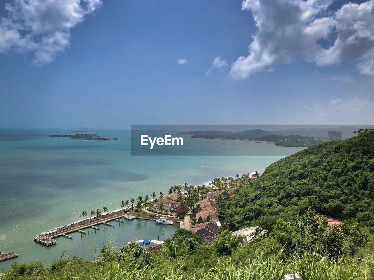 High angle view of bay against sky