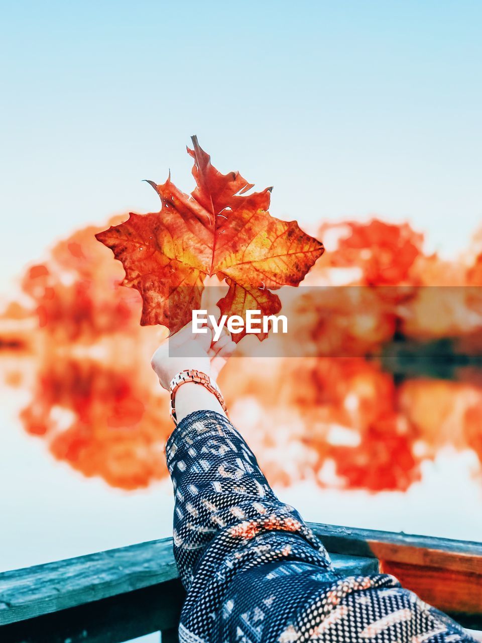Cropped image of person holding orange maple leaf at lake against clear sky