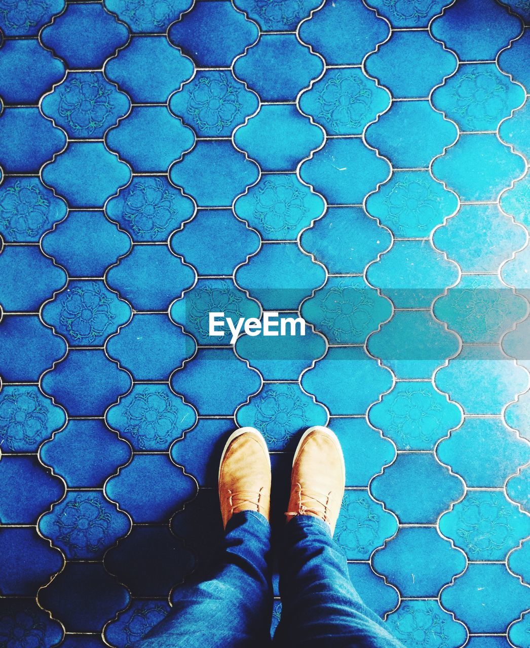 Low section of man wearing shoes standing on blue patterned floor