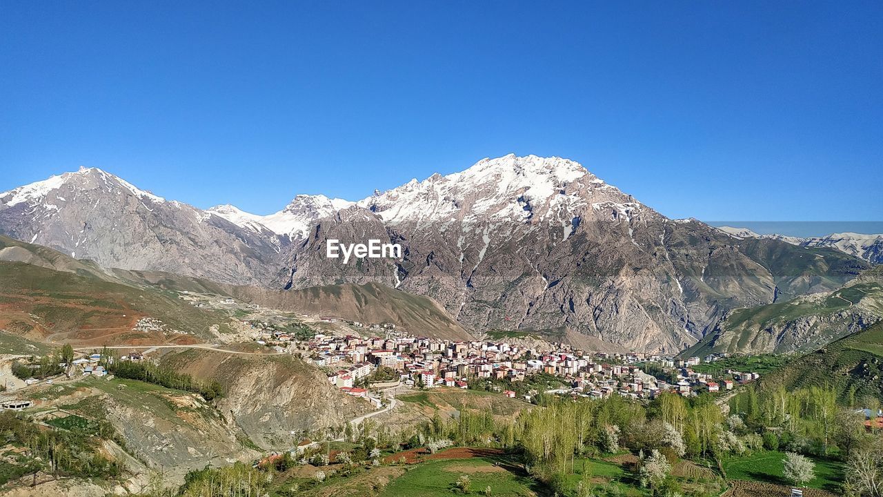 Scenic view of snowcapped mountains against clear blue sky