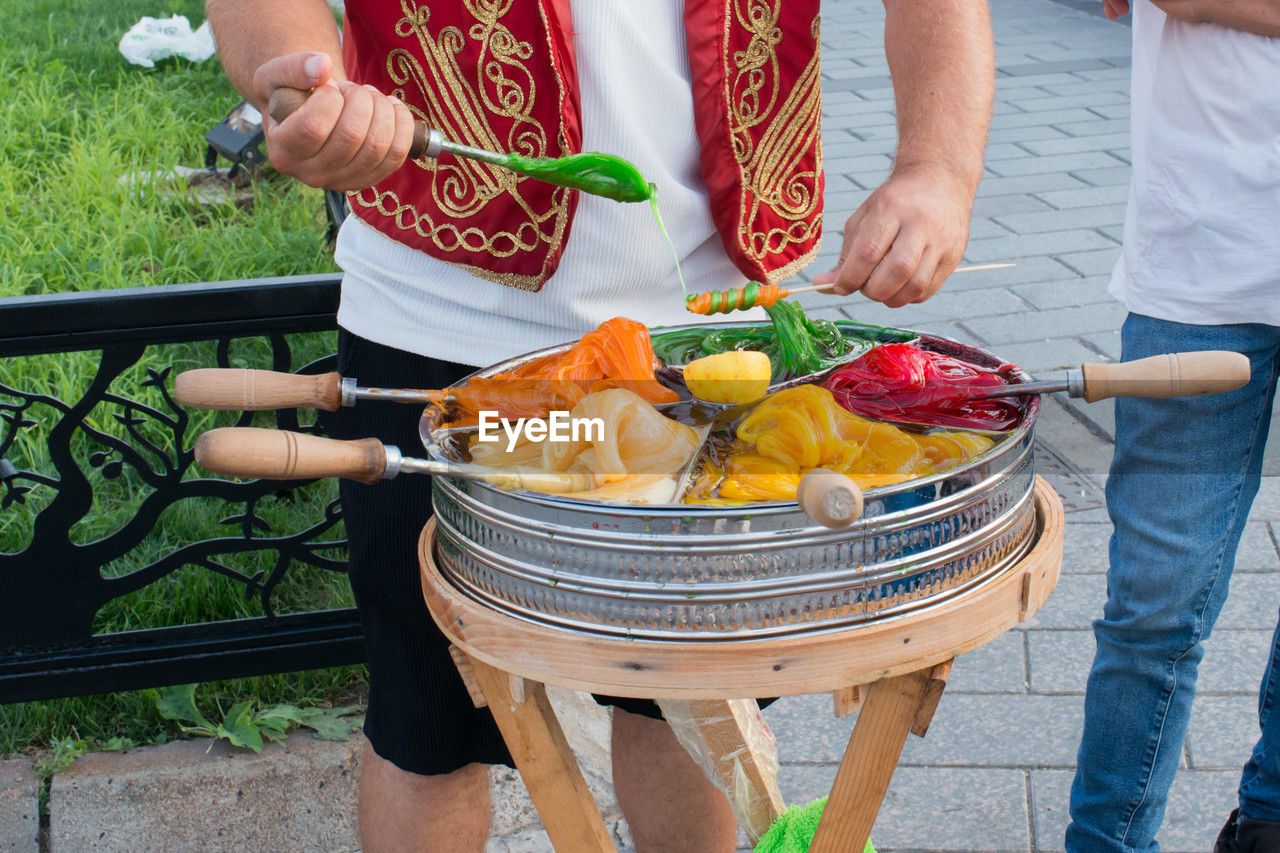 Macun , soft, sweet and colorful turkish toffee paste .cooking street food in istanbul, turkey.