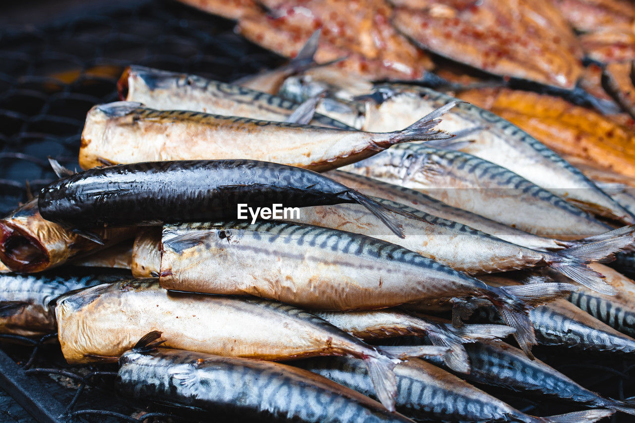 Hanging and smoking eel in a street food market with hardwood wood chips in a smoker, ready to eat