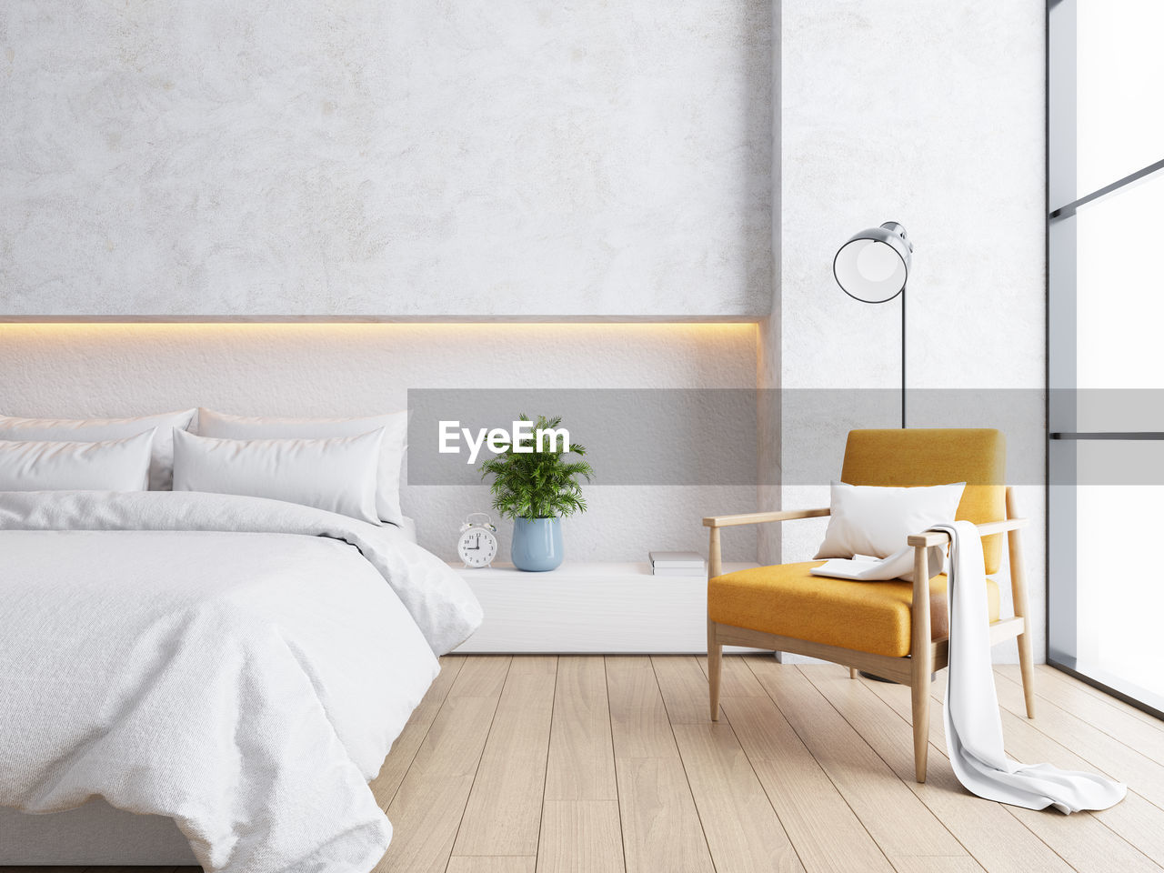 White bedroom interior ,cozy space , modern design ,3d render