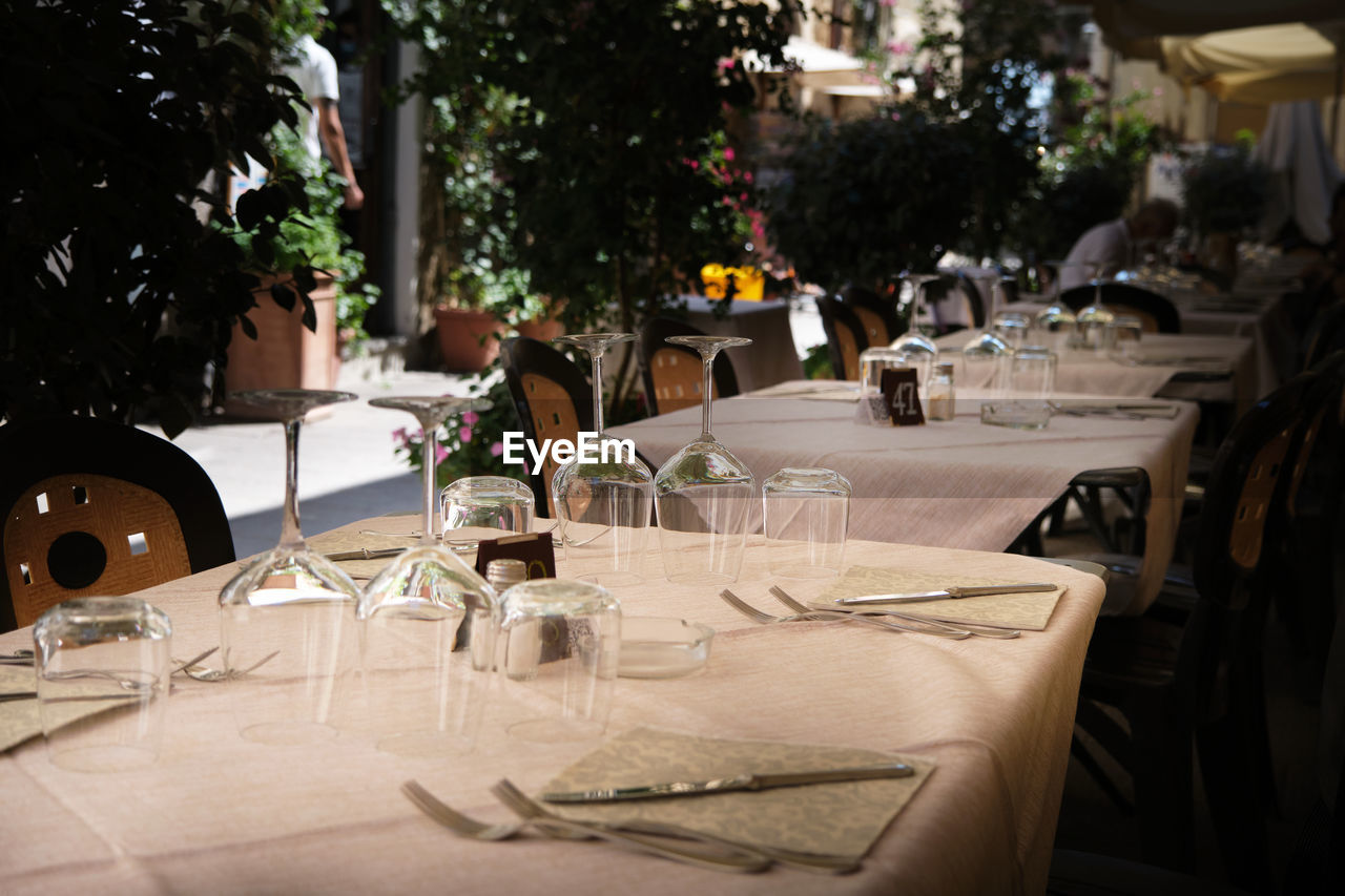 Tables set outdoors in a restaurant