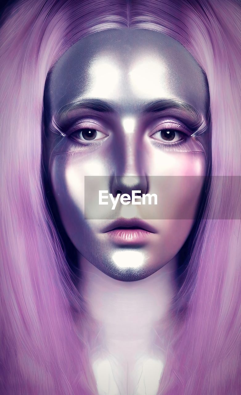 purple, portrait, women, human face, one person, adult, pink, looking at camera, young adult, make-up, fashion, human hair, headshot, studio shot, human eye, front view, human head, close-up, hairstyle, indoors, female, blond hair, glamour, shiny, nose, futuristic, elegance, fantasy, person