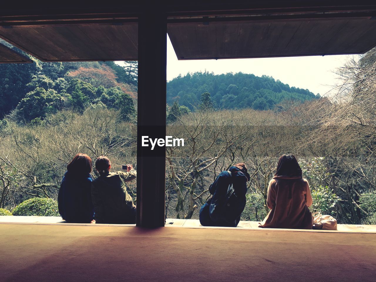 REAR VIEW OF WOMAN SITTING ON MOUNTAIN