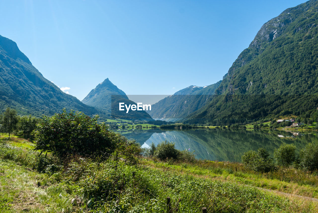 Scenic view of lake and mountains against sky