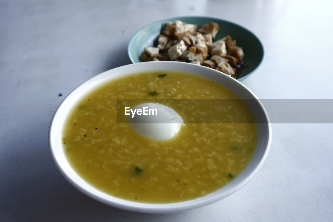 High angle view of soup in bowl on table