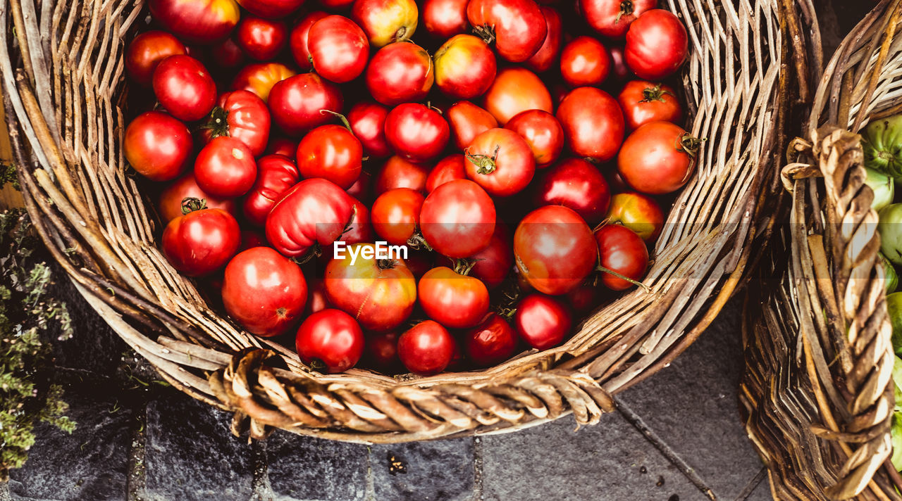 High angle view of tomatoes in basket