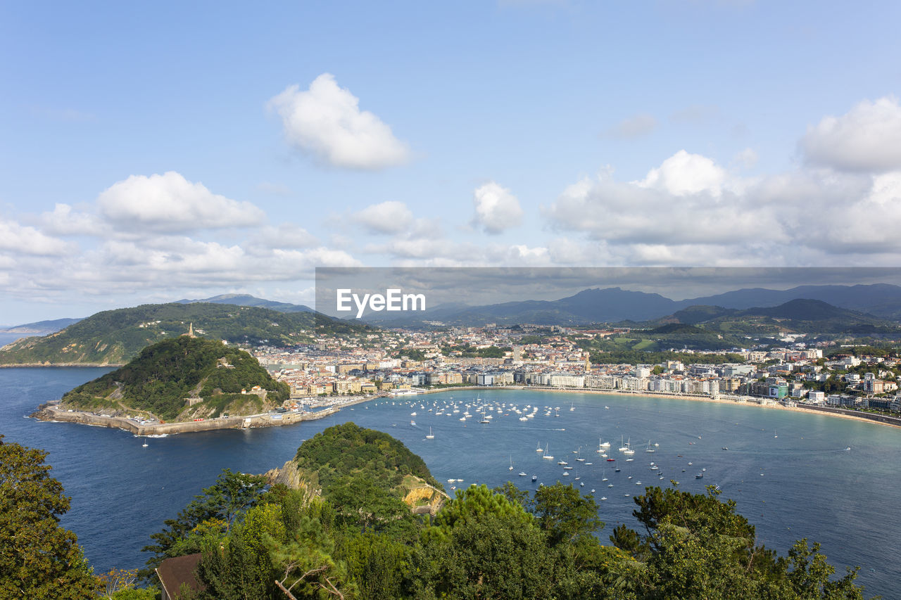 HIGH ANGLE VIEW OF TOWNSCAPE BY SEA