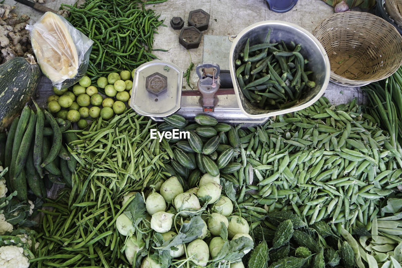 High angle view of vegetables for sale at market stall