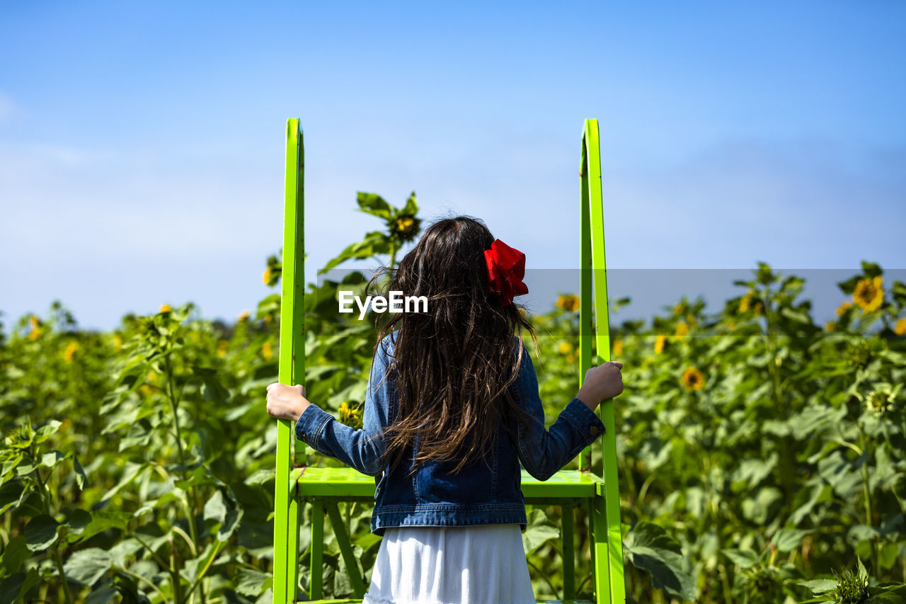 Rear view of woman standing by plants