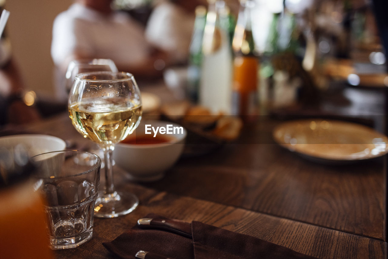 high angle view of wine glasses on table