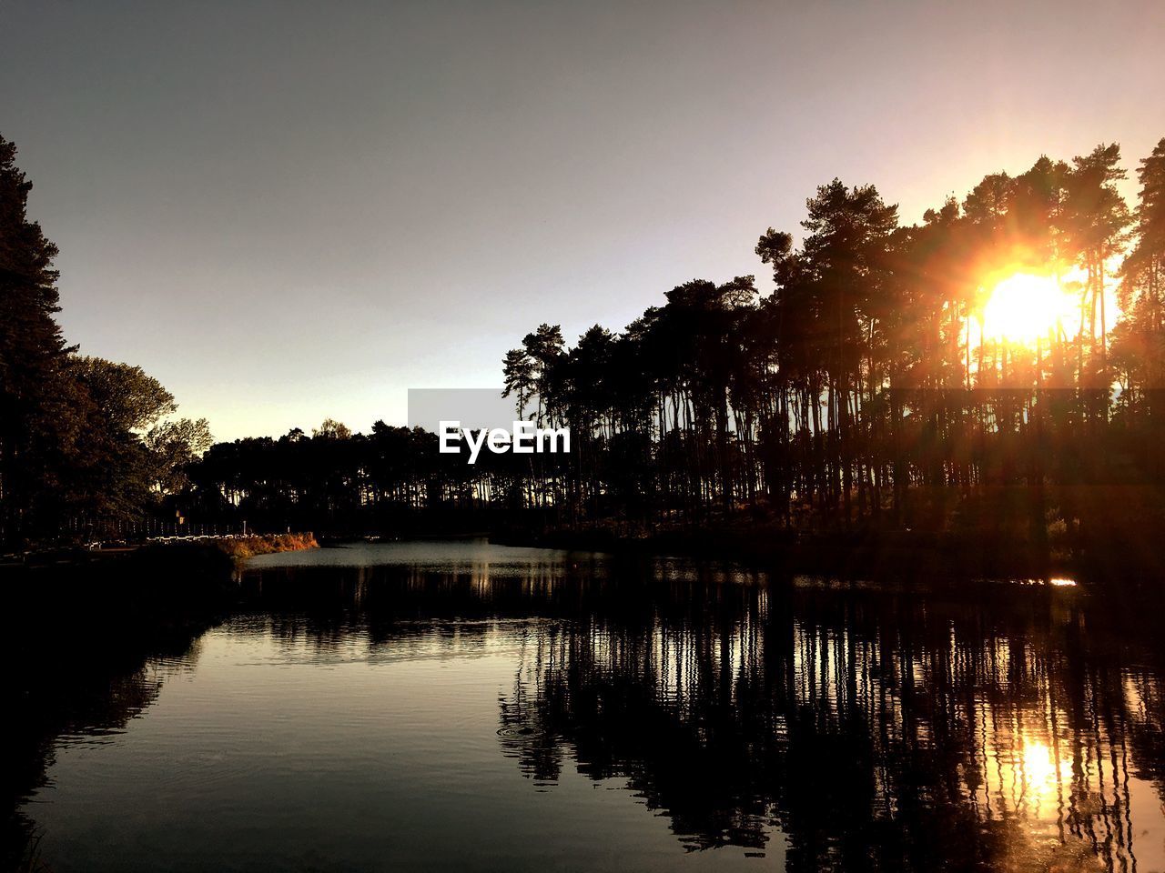 Scenic view of lake by silhouette trees during sunset