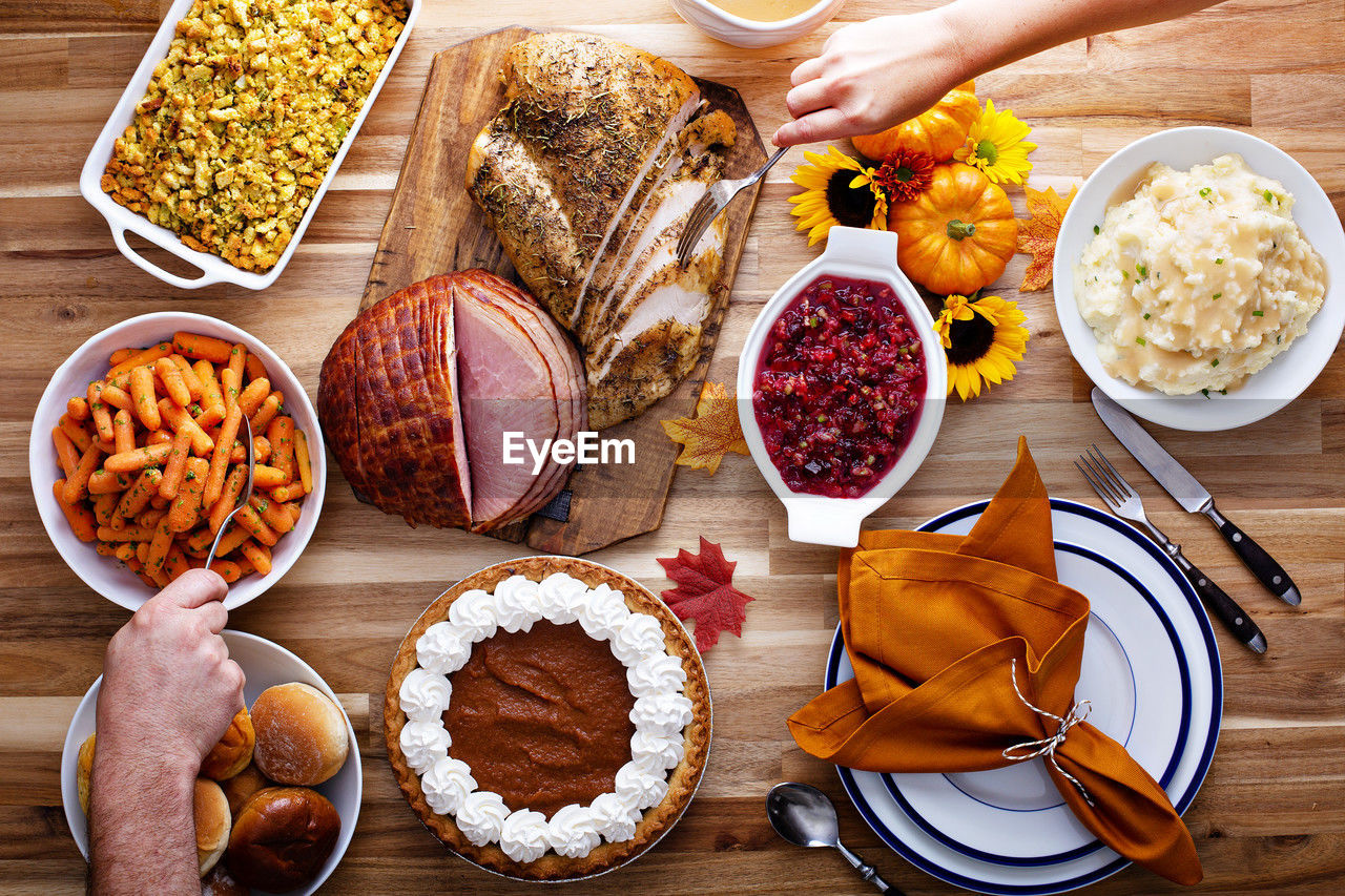 high angle view of food in bowls on table