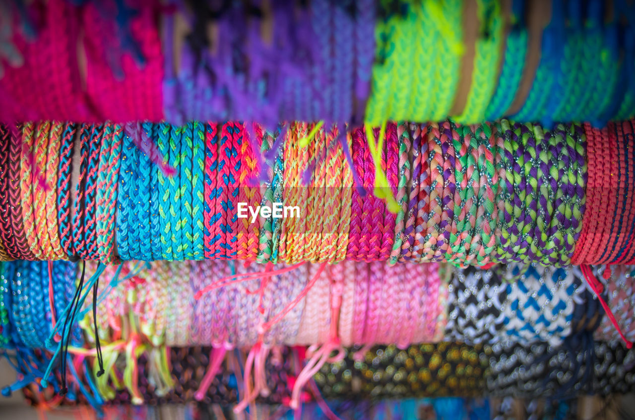 Full frame shot of multi colored bracelets for sale in market