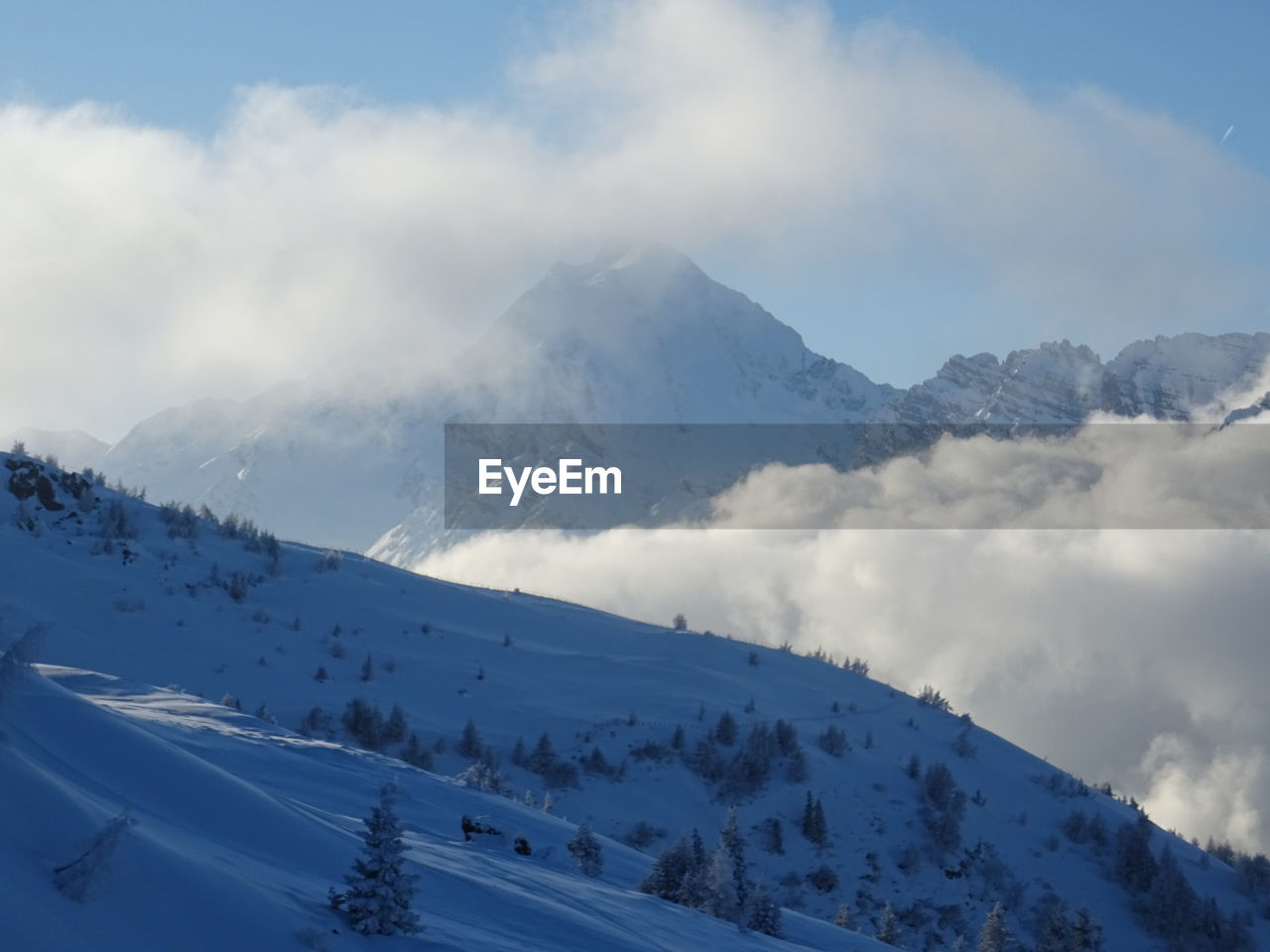 Scenic view of snow covered mountains against sky