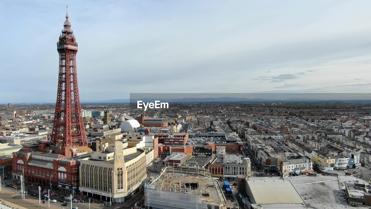 High angle view of buildings in city