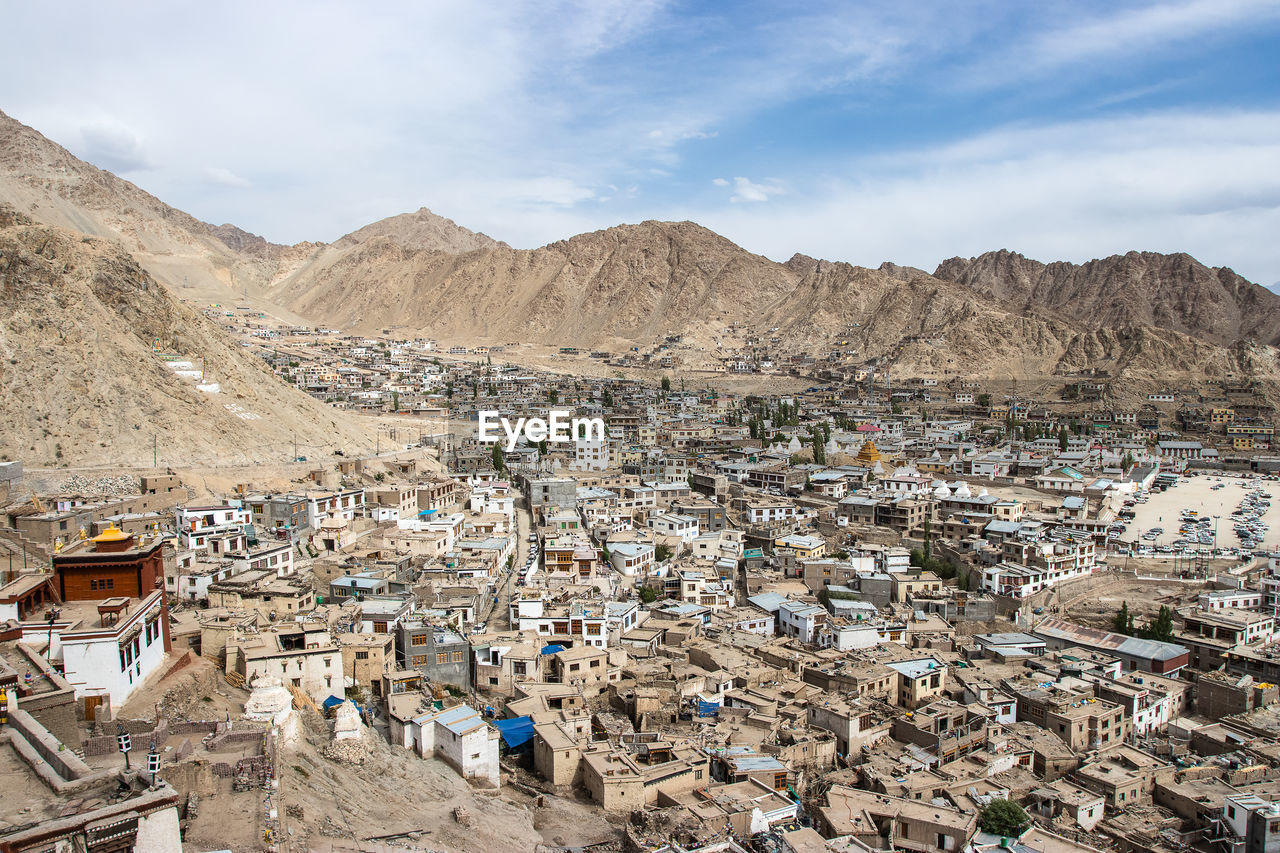 Landscape of leh-ladakh city with blue sky, northern india. 