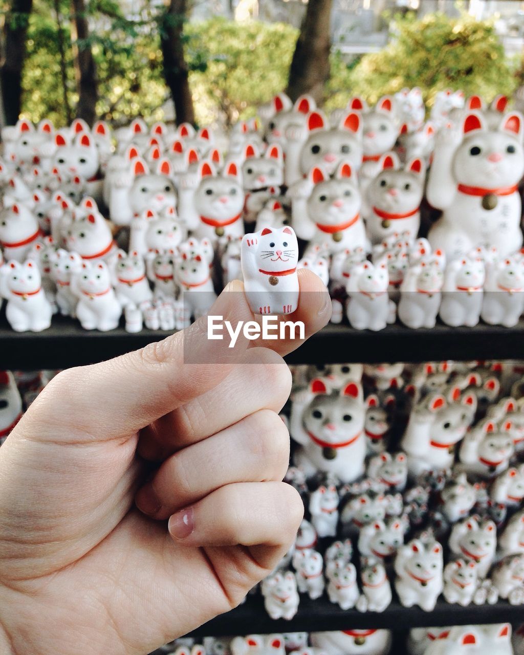 Cropped woman hand holding maneki neko at gotokuji temple