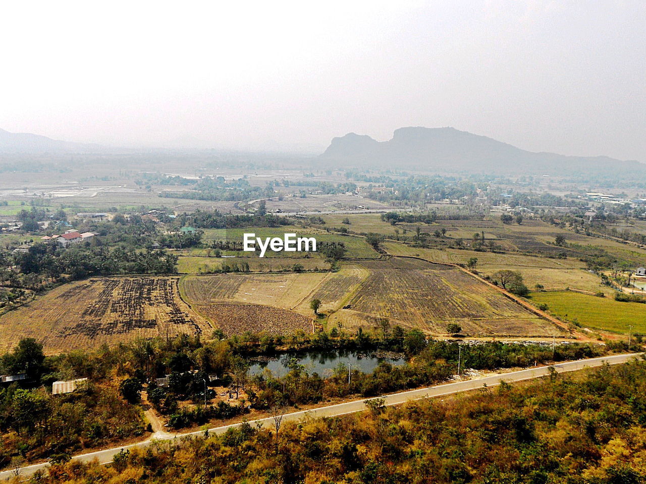 High angle view of field against sky