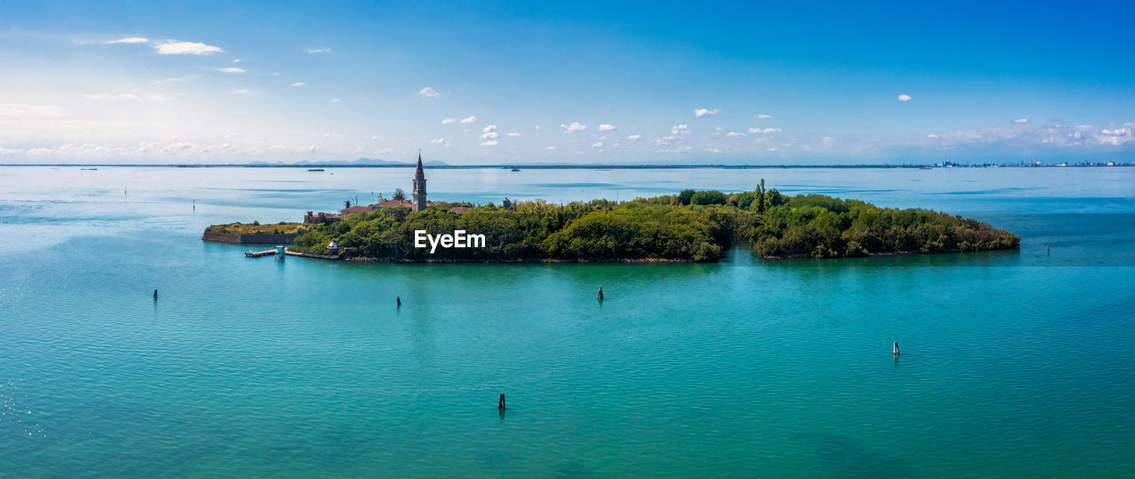 Aerial view of the plagued ghost island of poveglia in venice