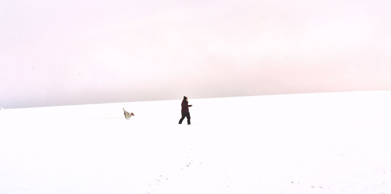 Person with dog on snow covered field