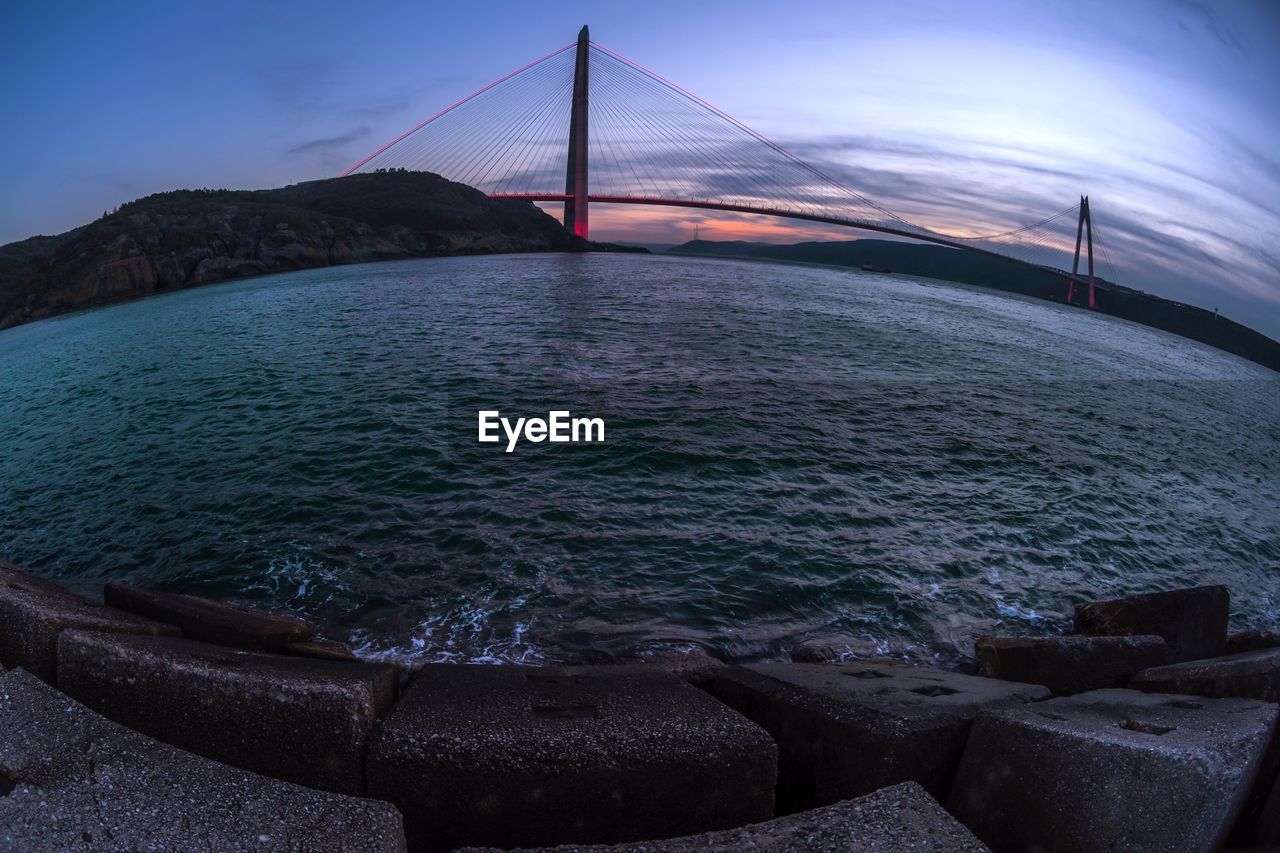 VIEW OF SUSPENSION BRIDGE OVER SEA