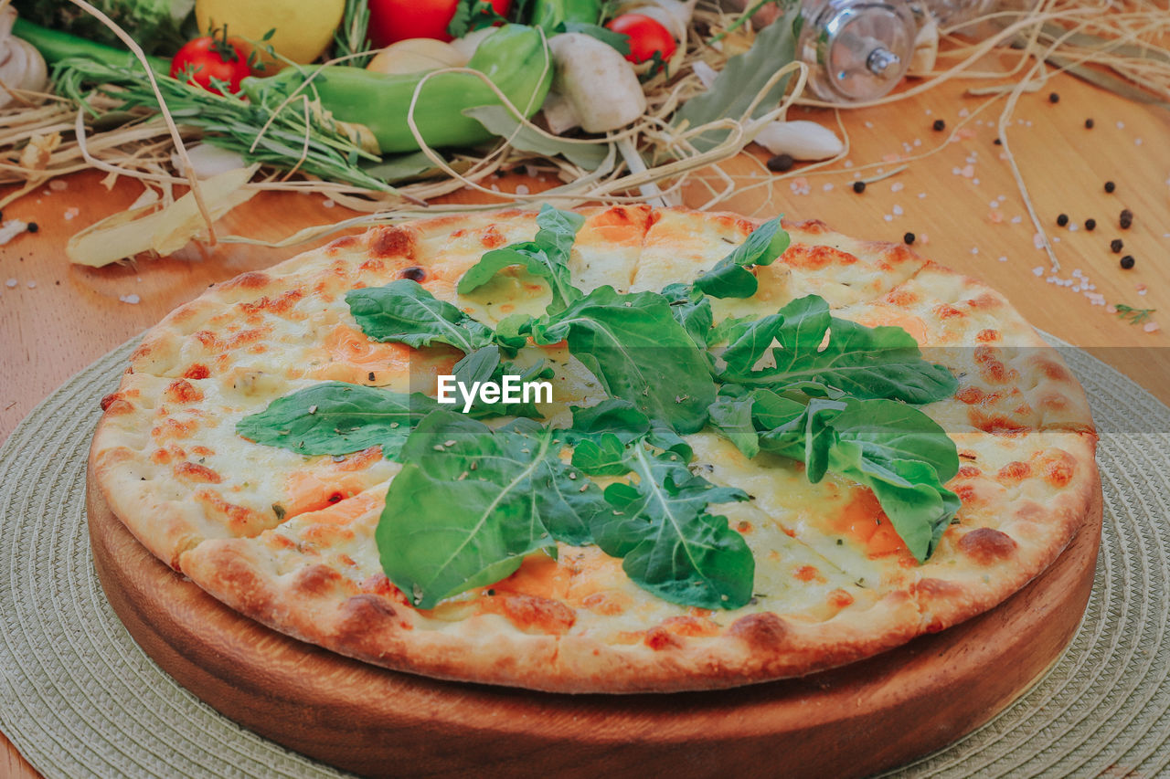 High angle view of pizza on table