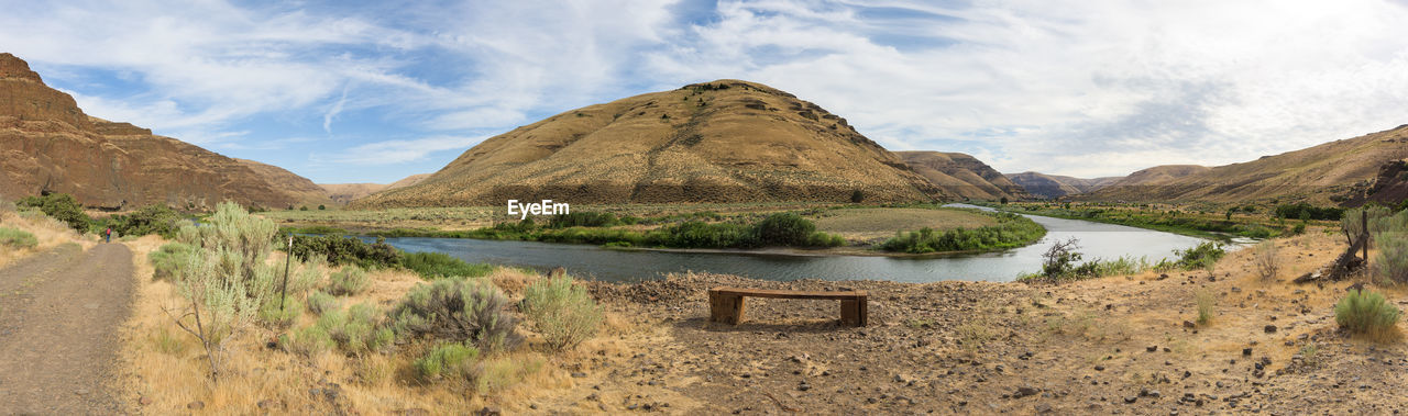 Panoramic view of lake and mountains against sky